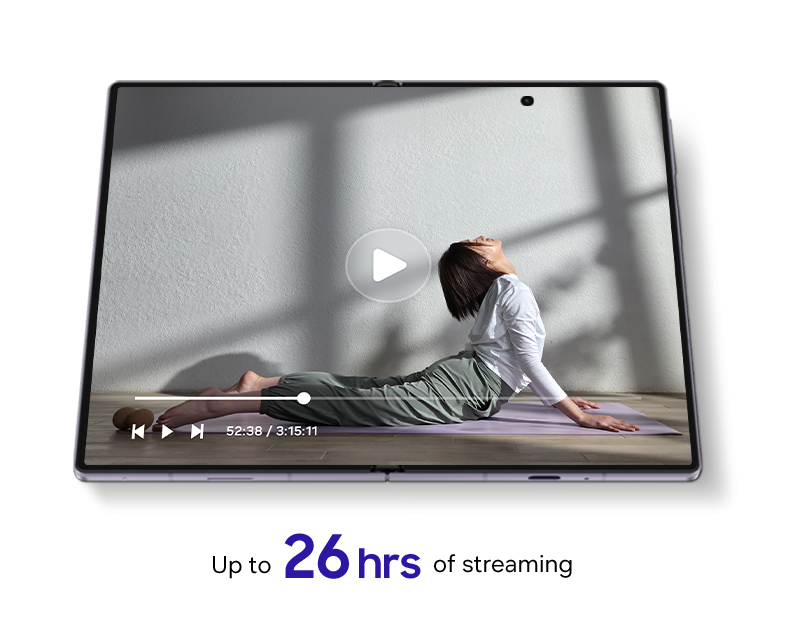 Unfolded Galaxy Z Fold8 is seen from the main screen and video that's over 3 hours long is being watched.