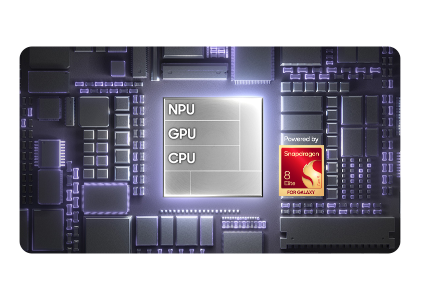 Galaxy Z Fold8's chip is seen on a chipboard with NPU, GPU, CPU. Powered by Snapdragon 8 Elite Gen 5 for Galaxy.