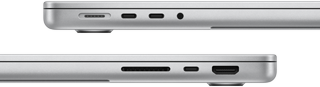 لقطة جانبية لجهاز MacBook&nbsp;Pro مقاس 14&nbsp;إنش مع شريحة M3&nbsp;Pro تبين المنافذ: الجهة اليسرى، منفذ MagSafe، و2 من منافذ ثندربولت&nbsp;4، ومقبس لسماعات الرأس، الجهة اليمنى، فتحة بطاقة SDXC‏، ومنفذ ثندربولت&nbsp;4، ومنفذ HDMI‏