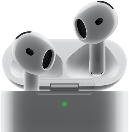 AirPods&nbsp;4 تطفو خارج العلبة، مع ظهور الضوء الأخضر على العلبة