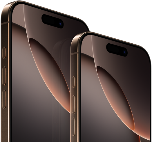 يُعرض الجانب الخارجي الأمامي لجهازي iPhone&nbsp;16&nbsp;Pro&nbsp;Max مقاس 6.9&nbsp;إنش وiPhone&nbsp;16&nbsp;Pro مقاس 6.3&nbsp;إنش مع زر الإجراءات، وزري ضبط مستوى الصوت، وميزة Dynamic&nbsp;Island تتوسط الجانب العلوي للشاشة