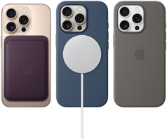 ثلاثة من أجهزة iPhone&nbsp;16&nbsp;Pro يظهر جانبها الخارجي الخلفي مع اكسسوارات MagSafe مرفقة: محفظة iPhone ‏من نسيج محبوك مع MagSafe، وشاحن MagSafe، وحافظة iPhone من السيليكون مع MagSafe‏