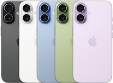 iPhone 17، الجزء الخلفي الخارجي، نظام كاميرا Fusion مزدوجة، كل الألوان الخمسة متداخلة: أسود، وأبيض، وأخضر رمادي، وأزرق ضبابي، وليلكي ناعم