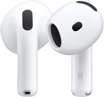 back of left AirPod, front of right AirPod, AirPod stem has the letter R to signify it belongs in the right ear