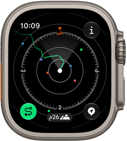 ساعة Apple Watch Ultra 4، إطار تيتانيوم، لون طبيعي، ميزة مسار العودة تعرض الطريق مع اتجاهات البوصلة، الجهة الخارجية اليمنى، التاج الرقمي، زر جانبي نافر