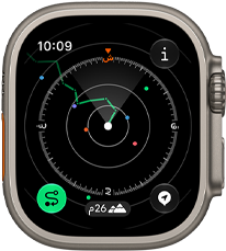 ساعة Apple Watch Ultra 4، إطار تيتانيوم، لون طبيعي، ميزة مسار العودة تعرض الطريق مع اتجاهات البوصلة، الجهة الخارجية اليمنى، التاج الرقمي، زر جانبي نافر