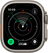 ساعة Apple Watch Ultra 4، إطار تيتانيوم، لون طبيعي، ميزة مسار العودة تعرض الطريق مع اتجاهات البوصلة، الجهة الخارجية اليمنى، التاج الرقمي، زر جانبي نافر