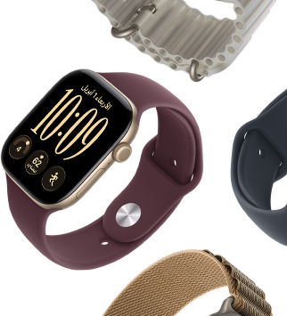 أحزمة Apple Watch Series 11: حزام رياضي بلون ليلكي ضبابي، حزام المحيط بلون أزرق حديدي، حزام Loop ألباين بلون أزرق فاتح
