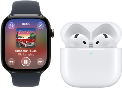 ساعة Apple Watch Series 12، إطار ألومنيوم، لون أسود، حزام رياضي أسود، تطبيق Apple Music مفتوح، مقترنة بسماعات AirPods 4