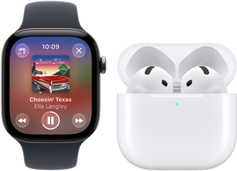 ساعة Apple Watch Series 12، إطار ألومنيوم، لون أسود، حزام رياضي أسود، تطبيق Apple Music مفتوح، مقترنة بسماعات AirPods 4