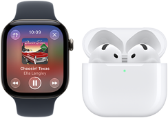 ساعة Apple Watch Series 12، إطار ألومنيوم، لون أسود، حزام رياضي أسود، تطبيق Apple Music مفتوح، مقترنة بسماعات AirPods 4‏‏