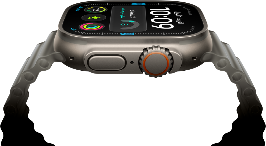 ساعة Apple Watch Ultra 4، إطار تيتانيوم، لون طبيعي، واجهة الساعة الرقمية، الإضافات: الجاهزية، معدل نبض القلب، التمارين، درجة الحرارة، الجهة الخارجية اليمنى، التاج الرقمي، زر جانبي نافر، حزام المحيط، لون رمادي شبه شفاف