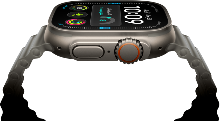 ساعة Apple Watch Ultra 4، إطار تيتانيوم، لون طبيعي، واجهة الساعة الرقمية، الإضافات: الجاهزية، معدل نبض القلب، التمارين، درجة الحرارة، الجهة الخارجية اليمنى، التاج الرقمي، زر جانبي نافر، حزام المحيط، لون رمادي شبه شفاف