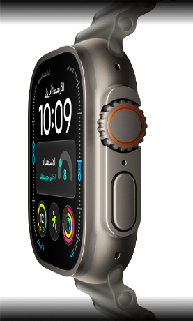 ساعة Apple Watch Ultra 4، إطار تيتانيوم، لون طبيعي، واجهة الساعة الرقمية، الإضافات: الجاهزية، معدل نبض القلب، التمارين، درجة الحرارة، الجهة الخارجية اليمنى، التاج الرقمي، زر جانبي نافر، حزام المحيط، لون رمادي شبه شفاف
