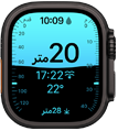 ساعة Apple Watch Ultra 4، إطار تيتانيوم، لون أسود، تطبيق العمق يعرض قياسات الغوص، الجهة الخارجية اليمنى، التاج الرقمي، زر جانبي نافر