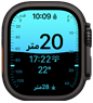 ساعة Apple Watch Ultra 4، إطار تيتانيوم، لون أسود، تطبيق العمق يعرض قياسات الغوص، الجهة الخارجية اليمنى، التاج الرقمي، زر جانبي نافر