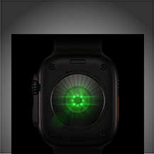 الجهة الخلفية من Apple Watch Ultra 4، إطار تيتانيوم، لون أسود، مستشعرات دائرية متعددة بأضواء LED خضراء متوهجة