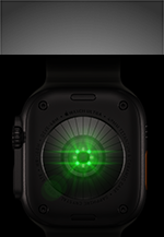 الجهة الخلفية من Apple Watch Ultra 4، إطار تيتانيوم، لون أسود، مستشعرات دائرية متعددة بأضواء LED خضراء متوهجة