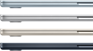 الجزء الخارجي الجانبي لأربعة أجهزة MacBook Air تعرض أربعة ألوان مختلفة