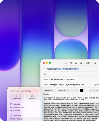 شاشة MacBook Neo، أدوات الكتابة في Apple Intelligence قيد الاستخدام في تطبيق البريد لمراجعة فقرة طويلة في إيميل تحتوي على ملاحظات عن منشور