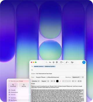 شاشة MacBook Neo، أدوات الكتابة في Apple Intelligence قيد الاستخدام في تطبيق البريد لمراجعة فقرة طويلة في إيميل تحتوي على ملاحظات عن منشور