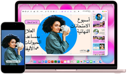 MacBook Neo, blush color, next to iPhone, MacBook Neo screen shows presentation titled Finals Week Pet Therapy with photo of a person holding a guinea pig, iPhone screen shows same photo, which has been turned into a sticker to use in presentation