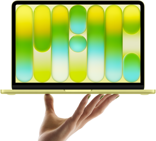 جهاز MacBook Neo بلون أصفر سيتروس، مستقر على رؤوس أصابع يد مفتوحة، شاشة تعرض نمطاً تجريدياً غنياً بالألوان