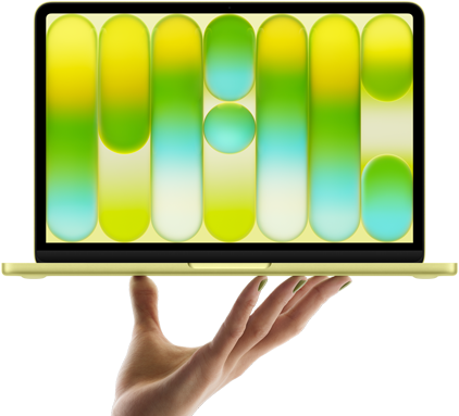 جهاز MacBook Neo بلون أصفر سيتروس، مستقر على رؤوس أصابع يد مفتوحة، شاشة تعرض نمطاً تجريدياً غنياً بالألوان