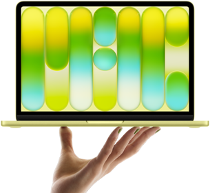 جهاز MacBook Neo بلون أصفر سيتروس، مستقر على رؤوس أصابع يد مفتوحة، شاشة تعرض نمطاً تجريدياً غنياً بالألوان