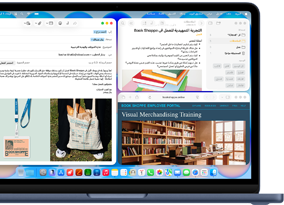 جهاز MacBook Neo، لون نيلي، شاشة تعرض صياغة إيميل ترحيبي لموظف جديد في متجر كتب، نوافذ متجانبة أخرى تشمل مستنداً في تطبيق الملاحظات عن برنامج تأهيل الموظف وموقعاً لبوابة موظفي متجر الكتب في سفاري