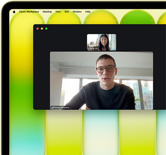 MacBook Neo, citrus color, video call onscreen, Center Stage feature keeps user centered in the frame