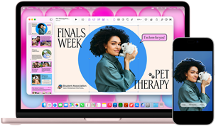 MacBook Neo, blush color, next to iPhone, MacBook Neo screen shows presentation titled Finals Week Pet Therapy with photo of a person holding a guinea pig, iPhone screen shows same photo, which has been turned into a sticker to use in presentation