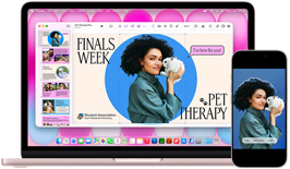 MacBook Neo, blush color, next to iPhone, MacBook Neo screen shows presentation titled Finals Week Pet Therapy with photo of a person holding a guinea pig, iPhone screen shows same photo, which has been turned into a sticker to use in presentation