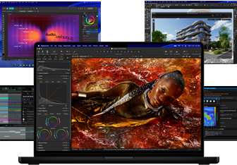 A variety of colorful screen content from music production, graphic design, 3D animation, and photo editing apps on Mac, demonstrating powerful graphics performance