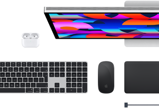 Mac accessories: Airpods, Studio Display, Magic Keyboard, Magic Mouse, Magic Trackpad, MagSafe charge cable in Space Black