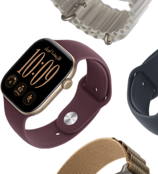 أحزمة Apple&nbsp;Watch&nbsp;Series&nbsp;11: حزام رياضي بلون ليلكي ضبابي، حزام المحيط بلون أزرق حديدي، حزام Loop ألباين بلون أزرق فاتح