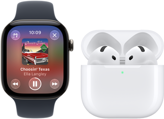 ساعة Apple&nbsp;Watch&nbsp;Series&nbsp;12، إطار ألومنيوم، لون أسود، حزام رياضي أسود، تطبيق Apple&nbsp;Music مفتوح، مقترنة بسماعات AirPods&nbsp;4‏‏