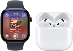 ساعة Apple&nbsp;Watch&nbsp;Series&nbsp;12، إطار ألومنيوم، لون أسود، حزام رياضي أسود، تطبيق Apple&nbsp;Music مفتوح، مقترنة بسماعات AirPods&nbsp;4‏‏