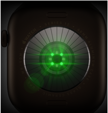 الجهة الخلفية من Apple&nbsp;Watch&nbsp;Series&nbsp;12، إطار ألومنيوم، لون برونزي داكن، مستشعرات دائرية متعددة مع أضواء LED خضراء متوهجة، الجهة الخارجية اليسرى، التاج الرقمي، حزام رياضي، لون زيتي