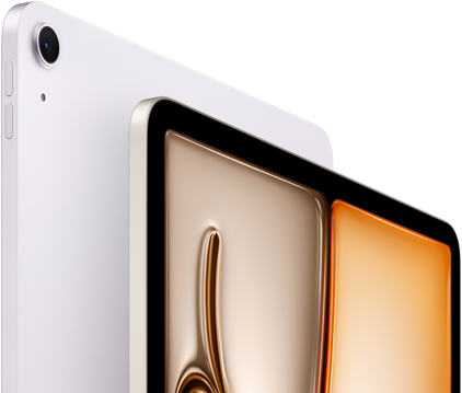 جهاز iPad&nbsp;Air، لون ليلكي، الجانب الأمامي الخارجي، الجانب الخلفي الخارجي، كاميرا&nbsp;خلفية&nbsp;واسعة&nbsp;12MP في&nbsp;الزاوية العلوية اليسرى