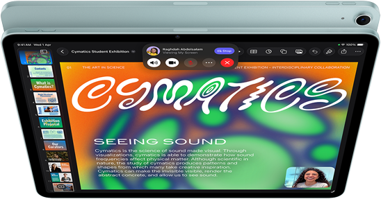 iPad Air, Blue color, top exterior, screen showing Keynote app on screen sharing feature during FaceTime video call, back exterior, 12MP Wide back camera, volume-up button, volume-down button