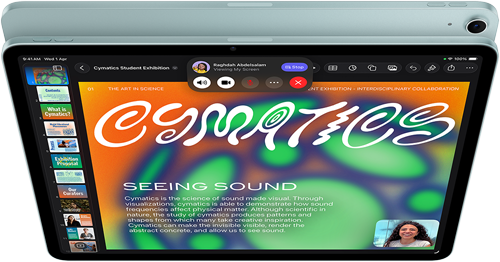 iPad Air, Blue color, top exterior, screen showing Keynote app on screen sharing feature during FaceTime video call, back exterior, 12MP Wide back camera, volume-up button, volume-down button