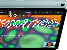 iPad Air, Blue color, top exterior, screen showing Keynote app on screen sharing feature during FaceTime video call, back exterior, 12MP Wide back camera, volume-up button, volume-down button