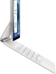 iPad Air, Starlight color, attached to Magic Keyboard, white color, side exterior