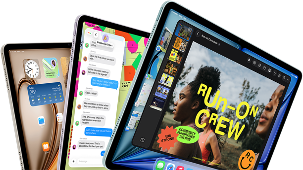 Three iPad Air displays in fan-like arrangement, colors: Blue, Purple, Starlight, front exterior, side exterior, apps on screen display include Keynote app, Messages, and Home Screen