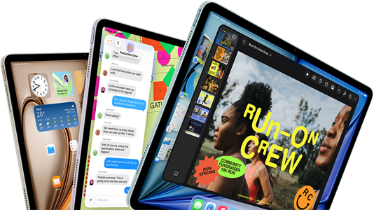 Three iPad Air displays in fan-like arrangement, colors: Blue, Purple, Starlight, front exterior, side exterior, apps on screen display include Keynote app, Messages, and Home Screen