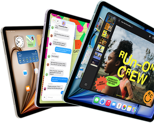 Three iPad Air displays in fan-like arrangement, colors: Blue, Purple, Starlight, front exterior, side exterior, apps on screen display include Keynote app, Messages, and Home Screen