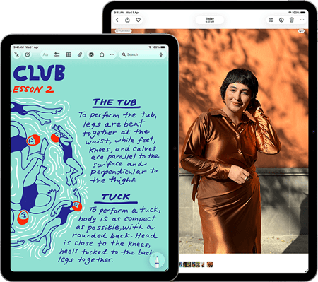 Two iPad Air, sizes: 11-inch and 13-inch, 11-inch shows colorful text on the Notes app, 13-inch screen shows a photo of a person on the Photos app