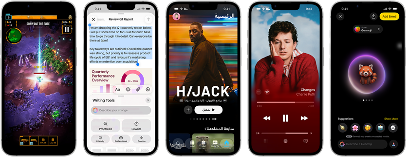 أجهزة iPhone&nbsp;17e جنباً إلى جنب تعرض شاشات مختلفة: لعبة قيد التشغيل، وأدوات الكتابة، وتطبيق Apple&nbsp;TV، وفعالية يتم إنشاؤها في التقويم، ورمز جنموجي يتم إنشاؤه