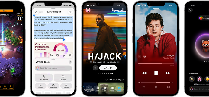 أجهزة iPhone&nbsp;17e جنباً إلى جنب تعرض شاشات مختلفة: لعبة قيد التشغيل، وأدوات الكتابة، وتطبيق Apple&nbsp;TV، وفعالية يتم إنشاؤها في التقويم،